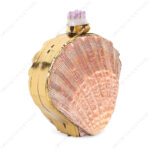 Angle view of Mini Natural Lion's Paw Scallop Seashell Clutch with Amethyst Knob and Gold Frame