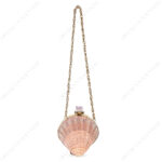 Full view of Mini Natural Lion's Paw Scallop Seashell Clutch with Amethyst Knob, Gold Frame and long strap chain