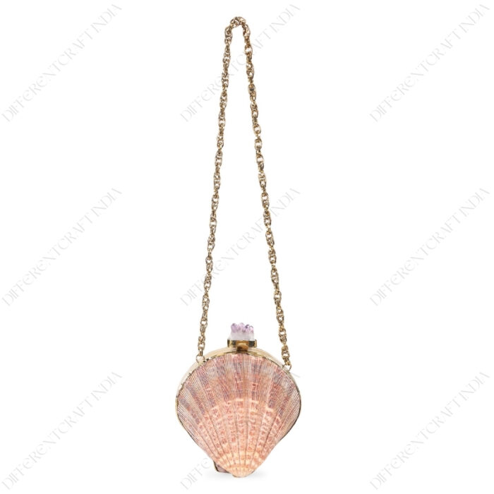 Full view of Mini Natural Lion's Paw Scallop Seashell Clutch with Amethyst Knob, Gold Frame and long strap chain