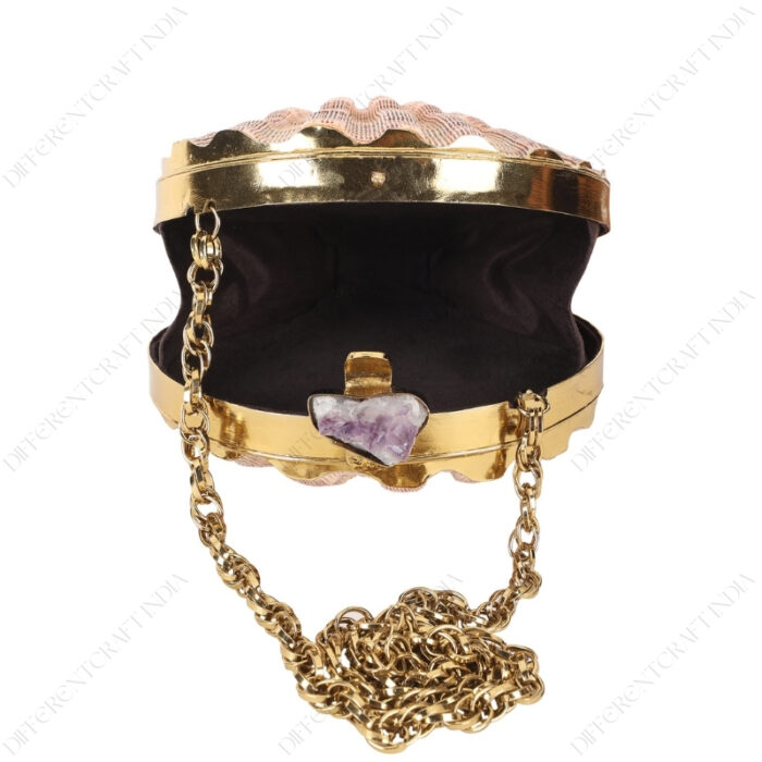 Open view of Mini Natural Lion's Paw Scallop Seashell Clutch showcasing the Amethyst Knob, smooth Gold Frame, suede lining interior & Metallic chain