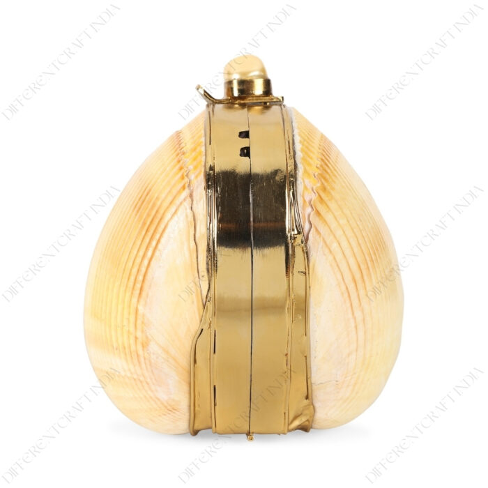 Side view of Mini Yellow Cardinal Cockle Seashell Clutch Bag with Shell-Pearl Knob and smooth Gold side Frame