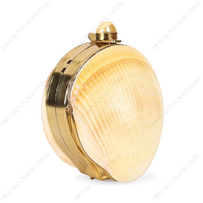 Angle view of Mini Yellow Cardinal Cockle Seashell Clutch Bag with Shell-Pearl Knob and Smooth Gold Frame