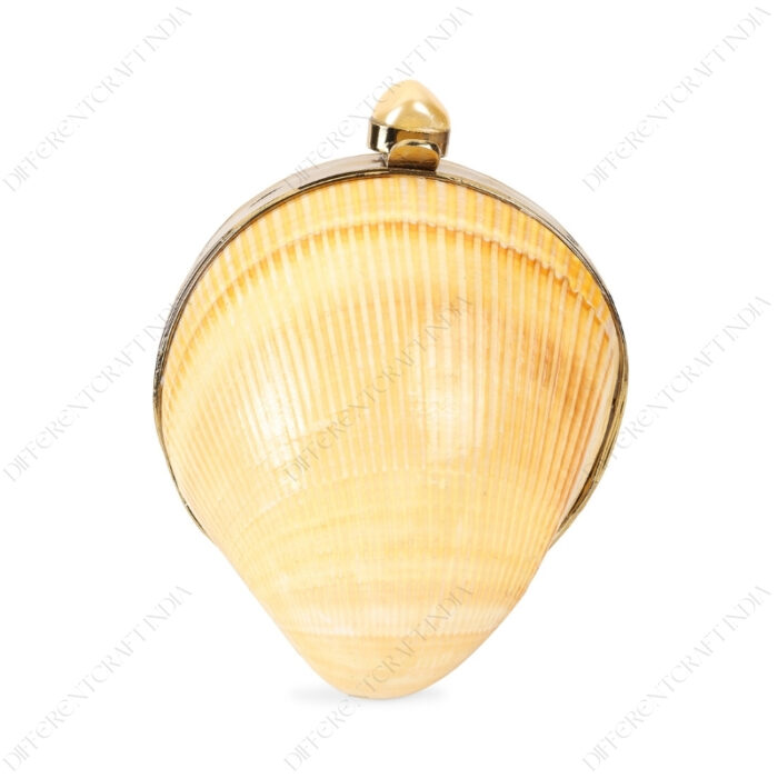 Front view of Mini Yellow Cardinal Cockle Seashell Clutch Bag with Shell-Pearl Knob and Smooth Gold Frame