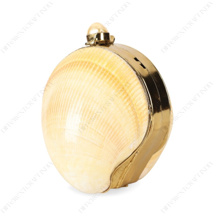 Angle view of Mini Yellow Cardinal Cockle Seashell Clutch Bag with Shell-Pearl Knob and Smooth Gold Frame