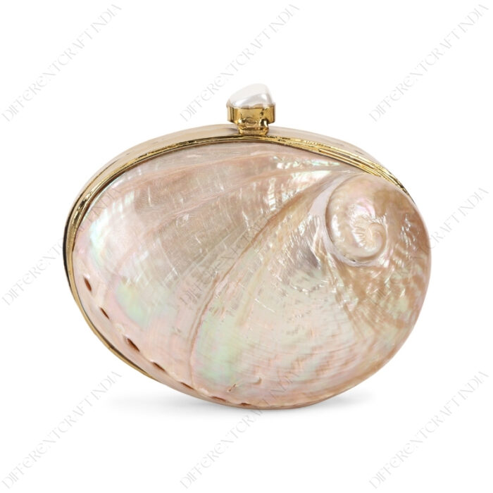 Front view of Mini Pink Abalone Seashell Purse with Shell-Pearl Knob and Smooth Gold Frame