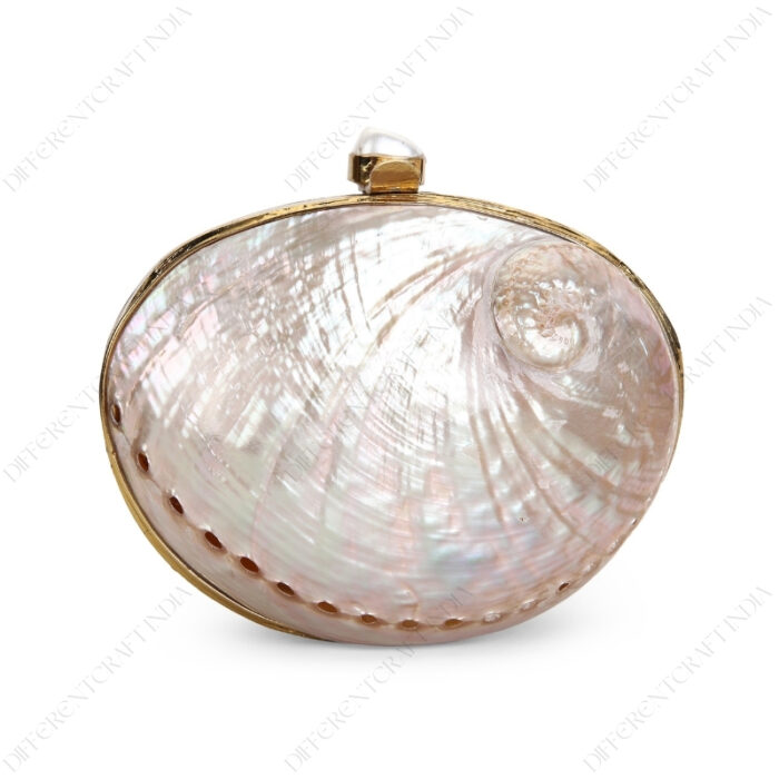 Front view of Mini Pink Abalone Seashell Purse with Shell-Pearl Knob and Smooth Gold Frame