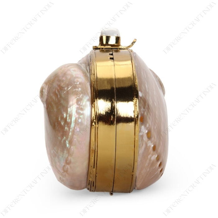 Side view of Mini Pink Abalone Seashell Purse with Shell-Pearl Knob and Smooth Gold Frame