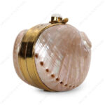 Angle view of Mini Pink Abalone Seashell Purse with Shell-Pearl Knob and Smooth Gold Frame