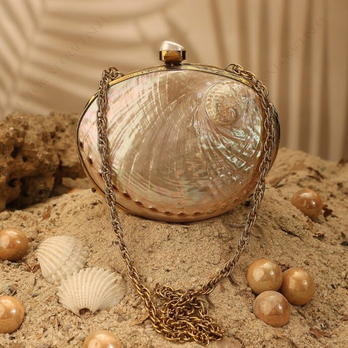 Front view of Mini Pink Abalone Seashell Purse with Shell-Pearl Knob and Long chain strap