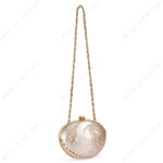 Full view of Mini Pink Abalone Seashell Purse with Shell-Pearl Knob and long chain strap