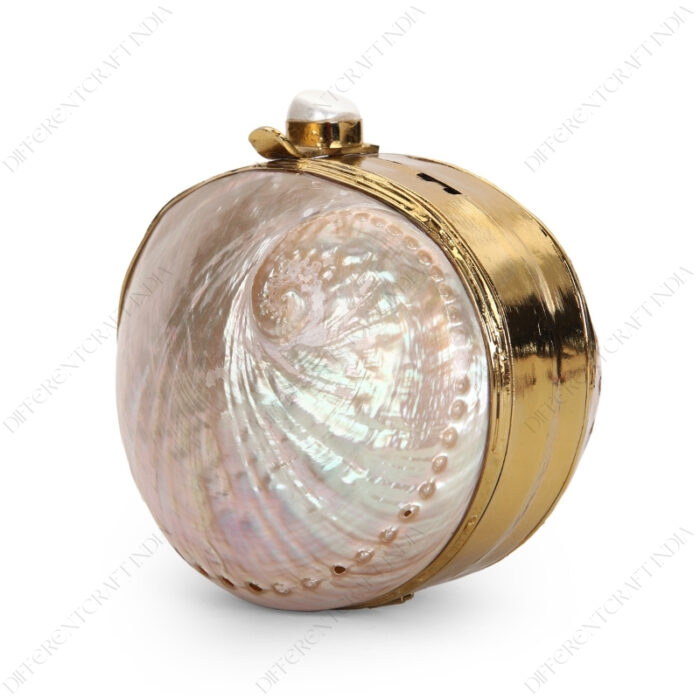 Angle view of Mini Pink Abalone Seashell Purse with Shell-Pearl Knob and Smooth Gold Frame