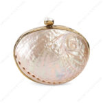 Front view of Mini Pink Abalone Seashell Purse with Shell-Pearl Knob and Smooth Gold Frame