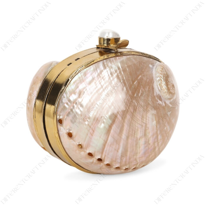 Angle view of Mini Pink Abalone Seashell Purse with Shell-Pearl Knob and Smooth Gold Frame