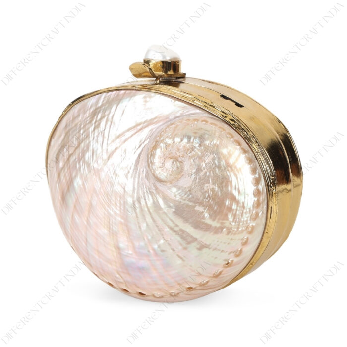 Angle view of Mini Pink Abalone Seashell Purse with Shell-Pearl Knob and Smooth Gold Frame