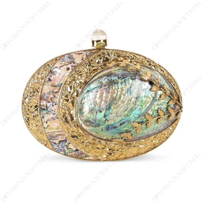 Front view of Gold Floral Embellished Iridescent Clutch Shell with Golden Leaves on the Abalone Seashell