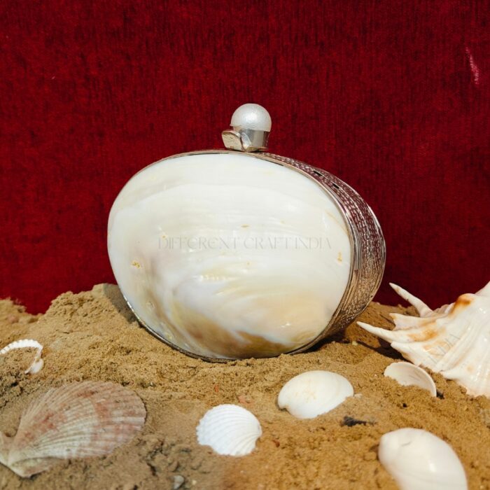 Angle view of Iridescent Clam Seashell Clutch Purse with Silver-Tone Metallic Frame