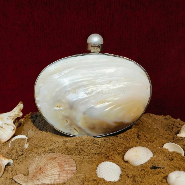 Front view of Iridescent Clam Seashell Clutch Purse with Silver-Tone Metallic Frame