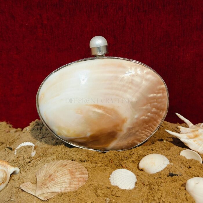 Front view of Iridescent Clam Seashell Clutch Purse with Silver-Tone Metallic Frame