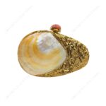 Front view of Gold Metal-Mesh Embellished Clutch Bag Shell with Iridescent Real Gold-Lip Oyster Seashell and gemstone knob