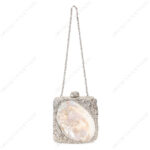 Full with of Silver Crumpled Embellished Purse Shell with Real Inside-Out Mother-of-Pearl Clam Seashell and Silver metallic chain