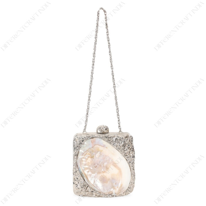 Full with of Silver Crumpled Embellished Purse Shell with Real Inside-Out Mother-of-Pearl Clam Seashell and Silver metallic chain