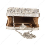 Open view of Silver Crumpled Embellished Purse Shell showcasing the suede lining interior and metallic silver chain