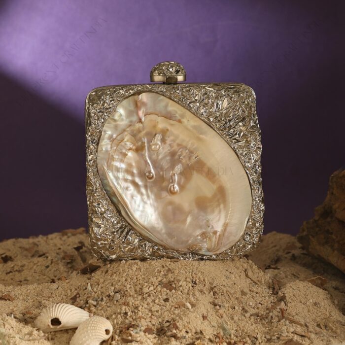 Silver Crumpled Embellished Purse Shell with Real Inside-Out Mother-of-Pearl Clam Seashell