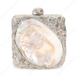 Front view of Silver Crumpled Embellished Purse Shell with Real Inside-Out Mother-of-Pearl Clam Seashell