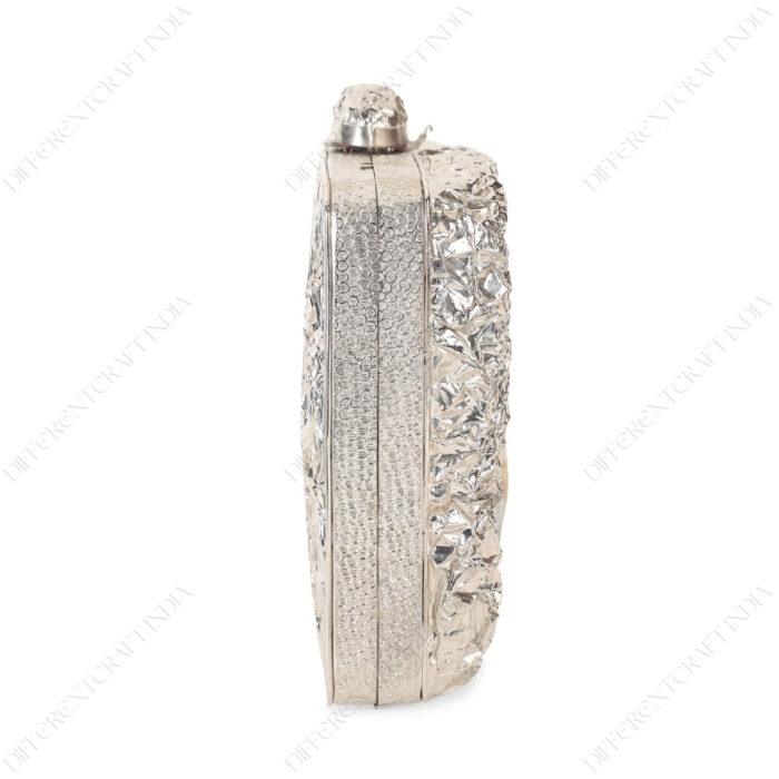 Side view of with of Silver Crumpled Embellished Purse Shell with pebbled texture on the side frame