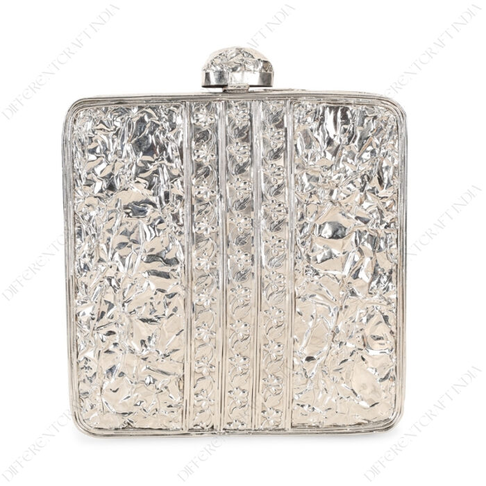 Back view of Silver Purse Shell with Crumpled texture and three vertical floral band in the center