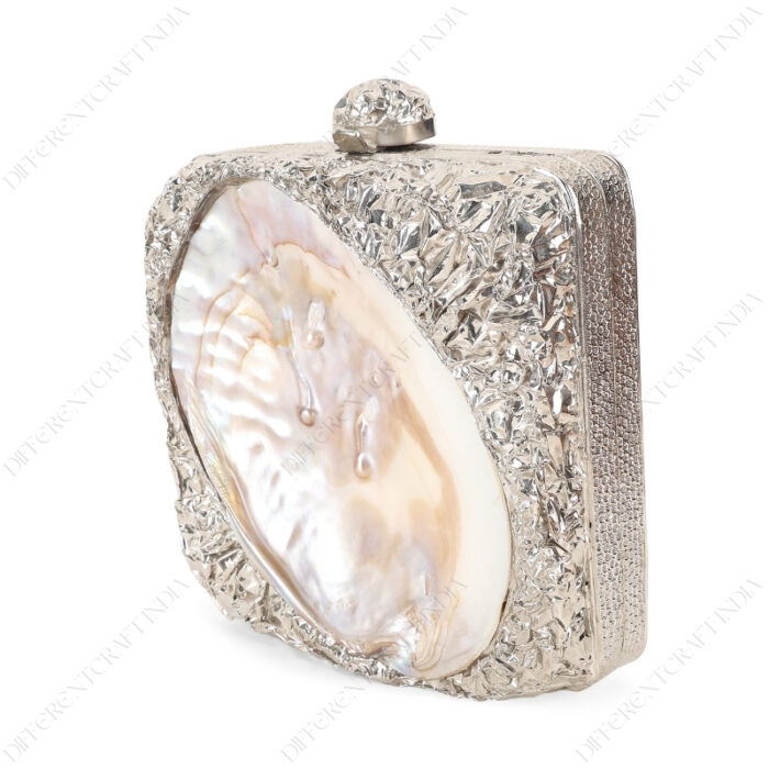 Angle view of Silver Crumpled Embellished Purse Shell with Real Inside-Out Mother-of-Pearl Clam Seashell