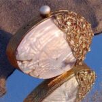 Beautiful View of Pearlescent Clam Seashell Evening Bag with Gold-Toned Wirework, Pearl Knob