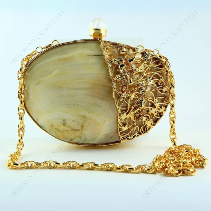 Front View of Pearlescent Clam Seashell Evening Bag with Gold-Toned Wirework, Pearl Knob and metallic chain strap