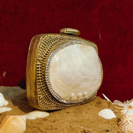 Angle view of Gold-Pattern Embellished Handbag Shell with Tiny Rhinestones Along the Clam Seashell Edges