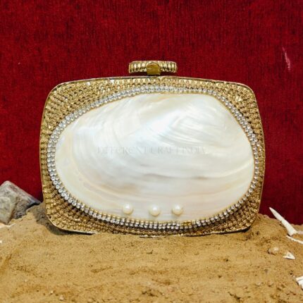 Front view of Gold-Pattern Embellished Handbag Shell with Tiny Rhinestones Along the Clam Seashell Edges