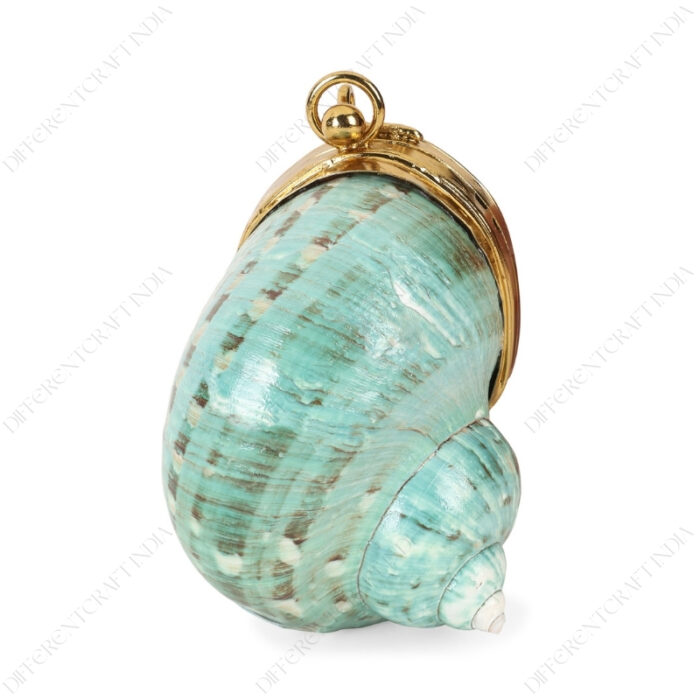 Mini Iridescent Green Turban Coin Shell Clutch Purse with Gold-Toned Metallic Cap