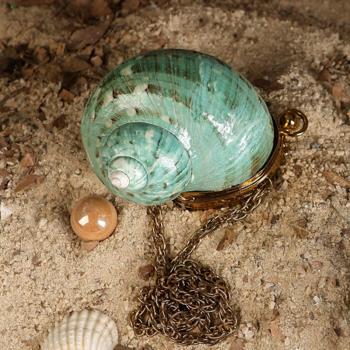 Mini Iridescent Green Turban Coin Shell Clutch Purse with Gold-Toned Metallic Cap and metal chain strap