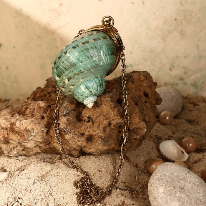 Mini Iridescent Green Turban Coin Shell Clutch Purse with Gold-Toned Metallic Cap and metal chain strap