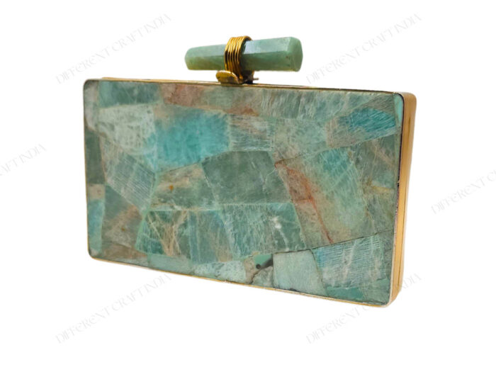 Precious amazonite gemstone clutch bag with quartz crystal knob and gold brass frame