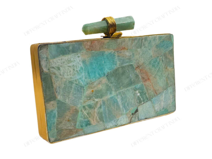 Precious amazonite gemstone clutch bag with quartz crystal knob and gold brass frame