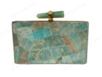 Precious amazonite gemstone clutch bag with quartz crystal knob and gold brass frame