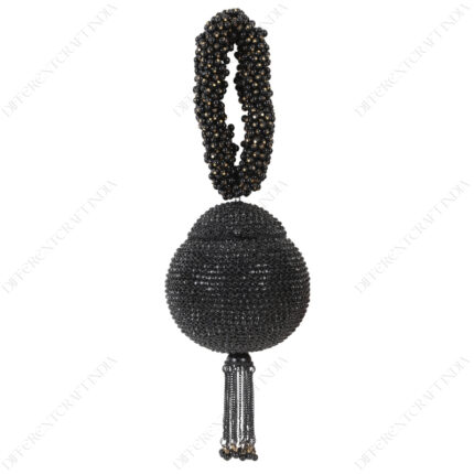 Black Crystal Evening Wear Clutch with Hand-Set Crystals, Beaded Wrist Handle and Tassel