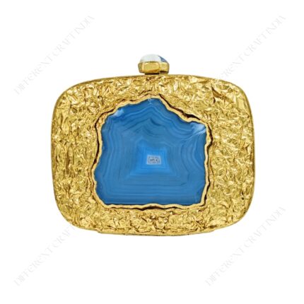 Front view of Crumpled Gold Metal Handbag with Bold Blue Agate Stone and Unique Gemstone Clasp