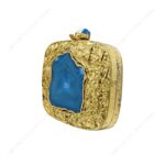 Angle view of Crumpled Gold Metal Handbag with Bold Blue Agate Stone and Unique Gemstone Clasp