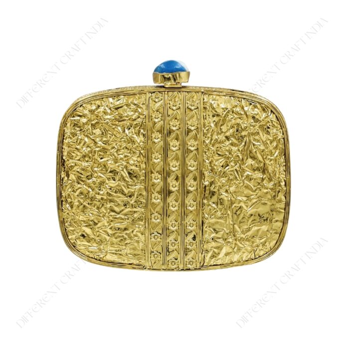 Back view of Crumpled Gold Metal Handbag with Unique Gemstone Clasp