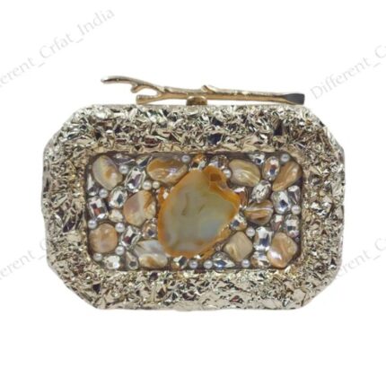 Front view of Crystal & Agate Embellished Silver Metal Purse with Textured Border & Twig-Inspired Clasp