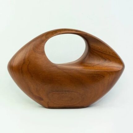 Eye-Shaped Wooden Clutch Purse with Polished Finish and Integrated Circular Handle