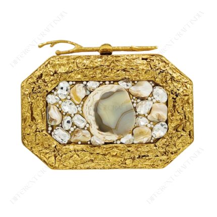 Front View of Gold Metal Purse with Agate Gemstone Centerpiece and Embedded Crystal Embellishments