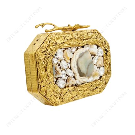 Angle View of Gold Metal Purse with Agate Gemstone Centerpiece and Embedded Crystal Embellishments