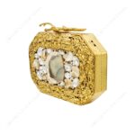 Angle View of Gold Metal Purse with Agate Gemstone Centerpiece and Embedded Crystal Embellishments